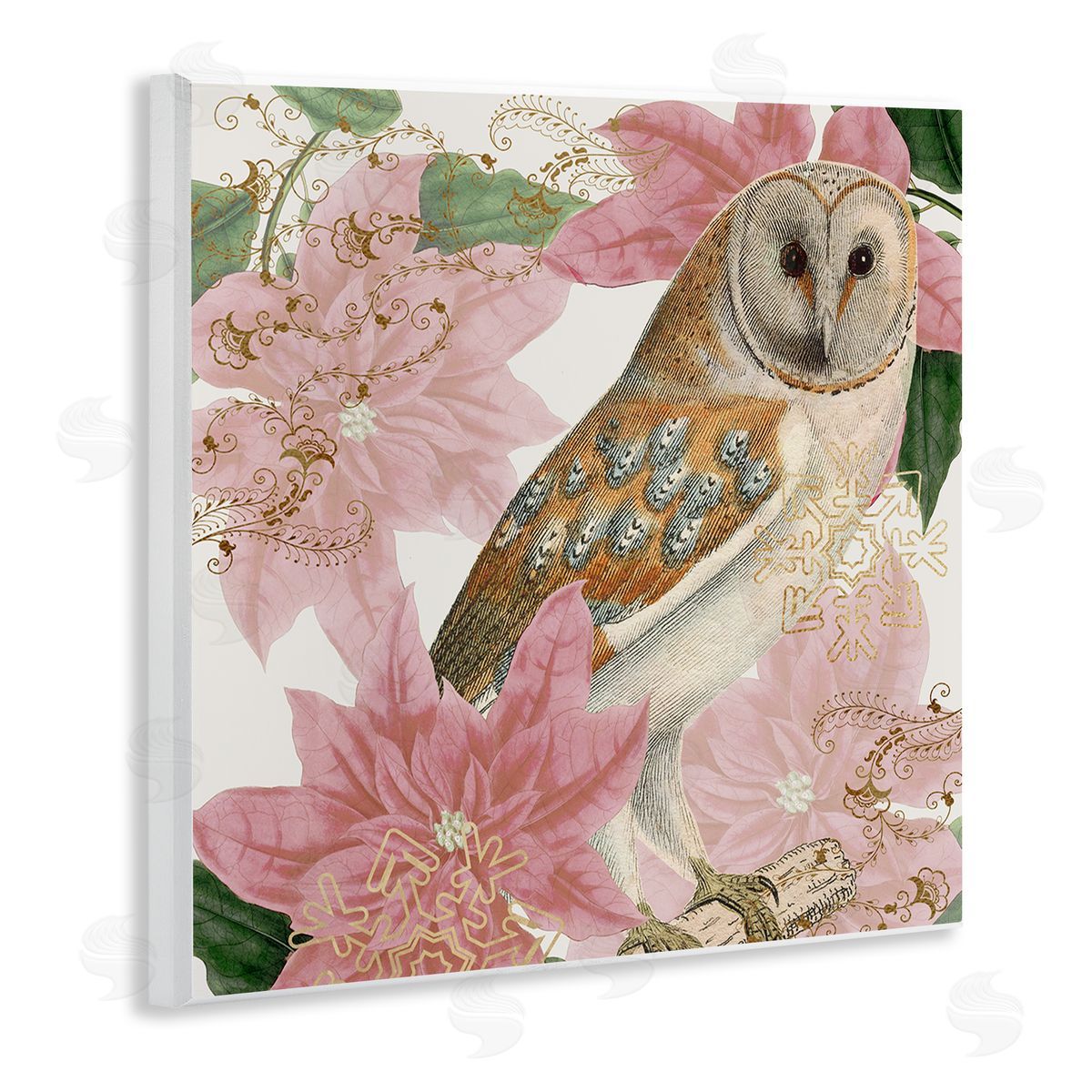 Stupell Studio Observant Posed Golden Owl Spring Floral Vintage Collage Wooden Wall Plaque Art Print
