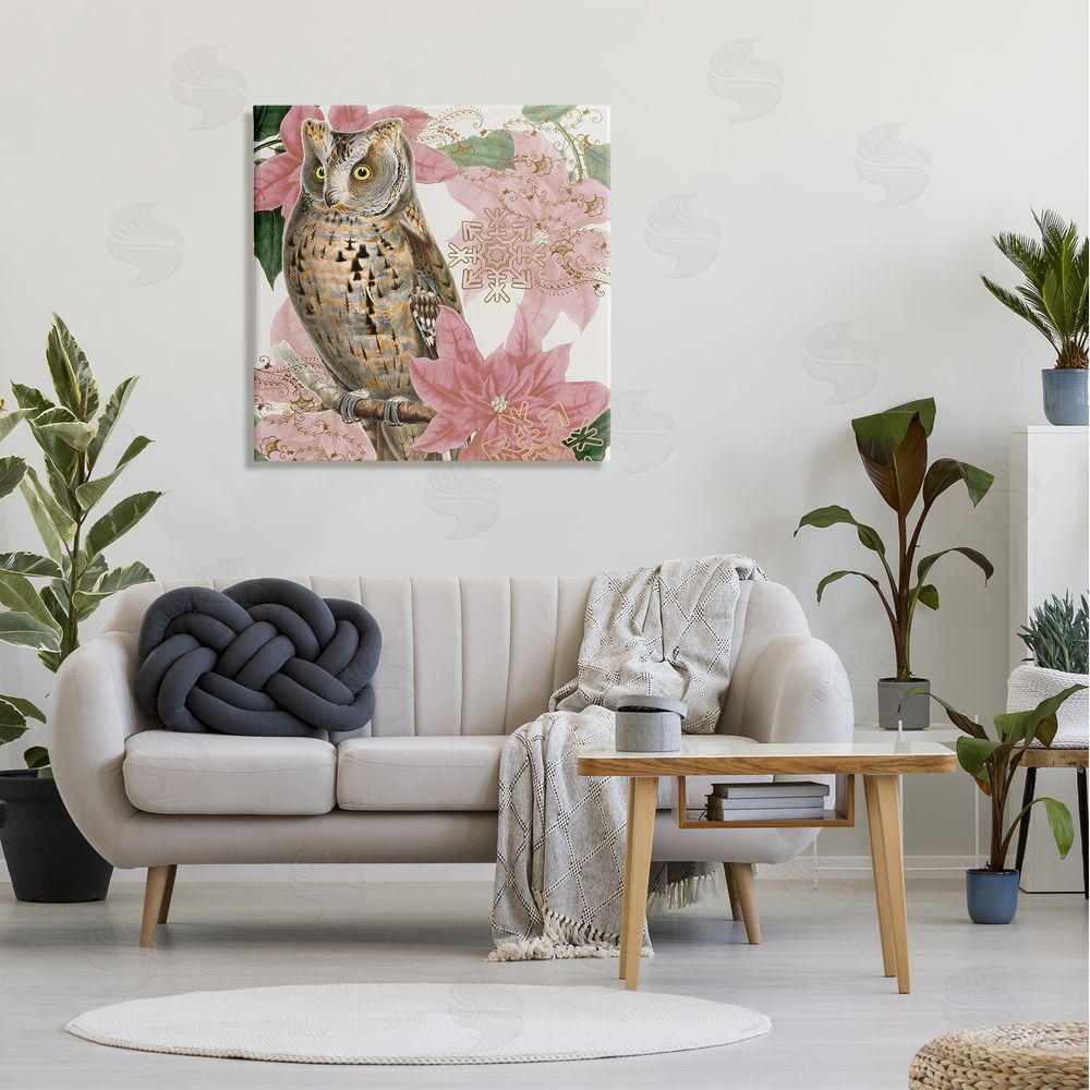 Stupell Studio Elegant Resting Silver Owl Geometric Snowflake Vintage Collage Canvas Wall Art in Room