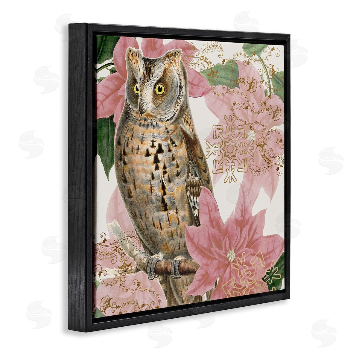 Stupell Studio Elegant Resting Silver Owl Geometric Snowflake Vintage Collage Black Floating Frame Canvas Wall Art Print