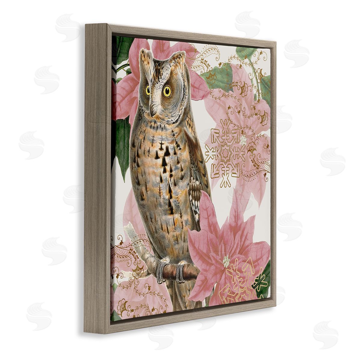 Stupell Studio Elegant Resting Silver Owl Geometric Snowflake Vintage Collage Brown Floating Frame Canvas Wall Art Print