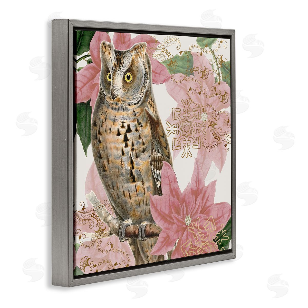 Stupell Studio Elegant Resting Silver Owl Geometric Snowflake Vintage Collage Gray Floating Frame Canvas Wall Art Print
