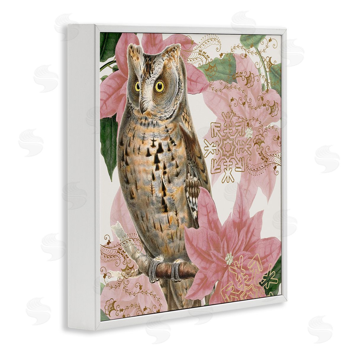 Stupell Studio Elegant Resting Silver Owl Geometric Snowflake Vintage Collage White Framed Glicee Wall Art Print