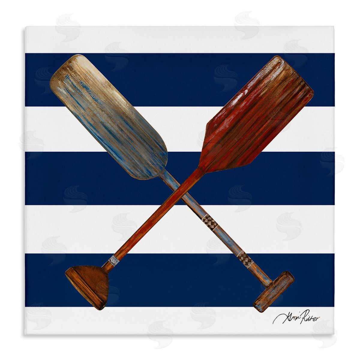 Gina Ritter Nautical Crossed Oars Wide Blue Band Striped Pattern Stretched Canvas Wall Art Print