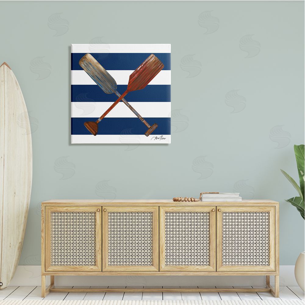 Gina Ritter Nautical Crossed Oars Wide Blue Band Striped Pattern Canvas Wall Art in Room