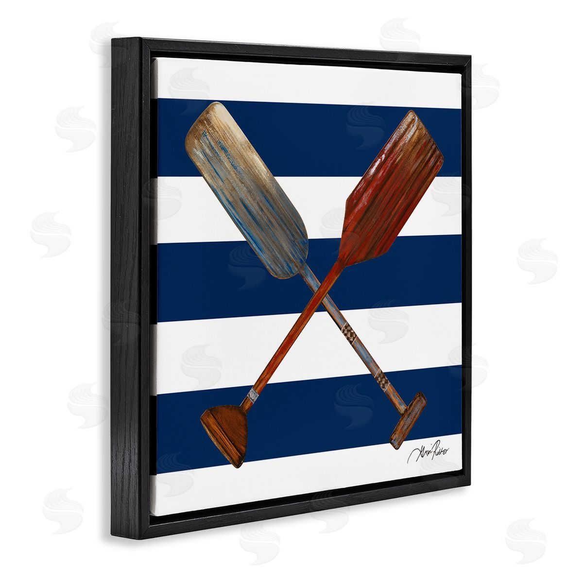 Gina Ritter Nautical Crossed Oars Wide Blue Band Striped Pattern Black Floating Frame Canvas Wall Art Print