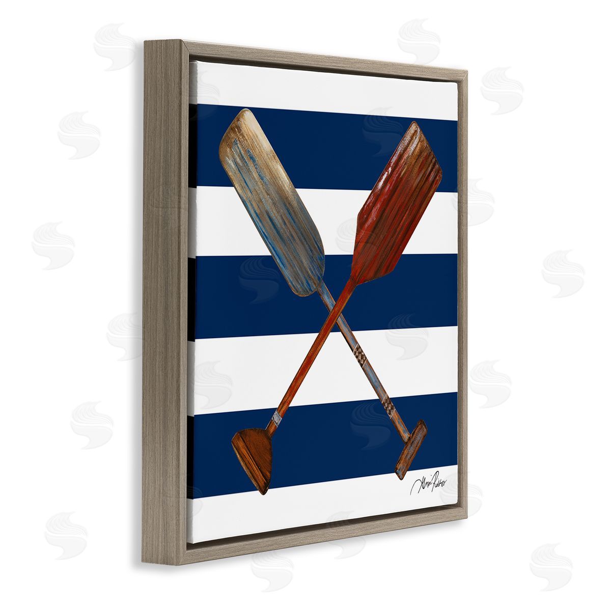 Gina Ritter Nautical Crossed Oars Wide Blue Band Striped Pattern Brown Floating Frame Canvas Wall Art Print