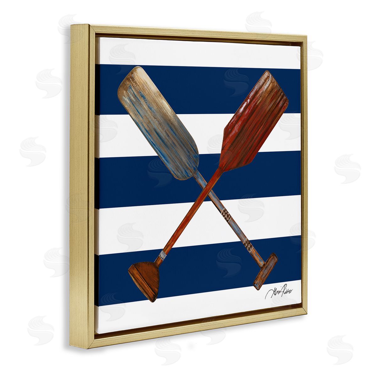 Gina Ritter Nautical Crossed Oars Wide Blue Band Striped Pattern Gold Floating Frame Canvas Wall Art Print