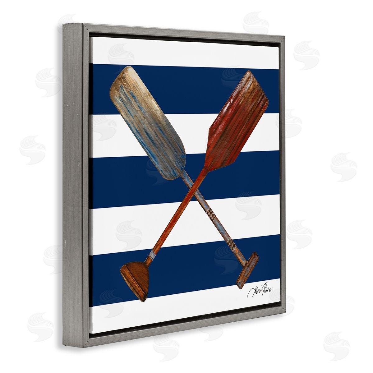 Gina Ritter Nautical Crossed Oars Wide Blue Band Striped Pattern Gray Floating Frame Canvas Wall Art Print