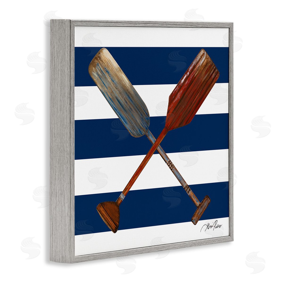 Gina Ritter Nautical Crossed Oars Wide Blue Band Striped Pattern Gray Framed Glicee Wall Art Print