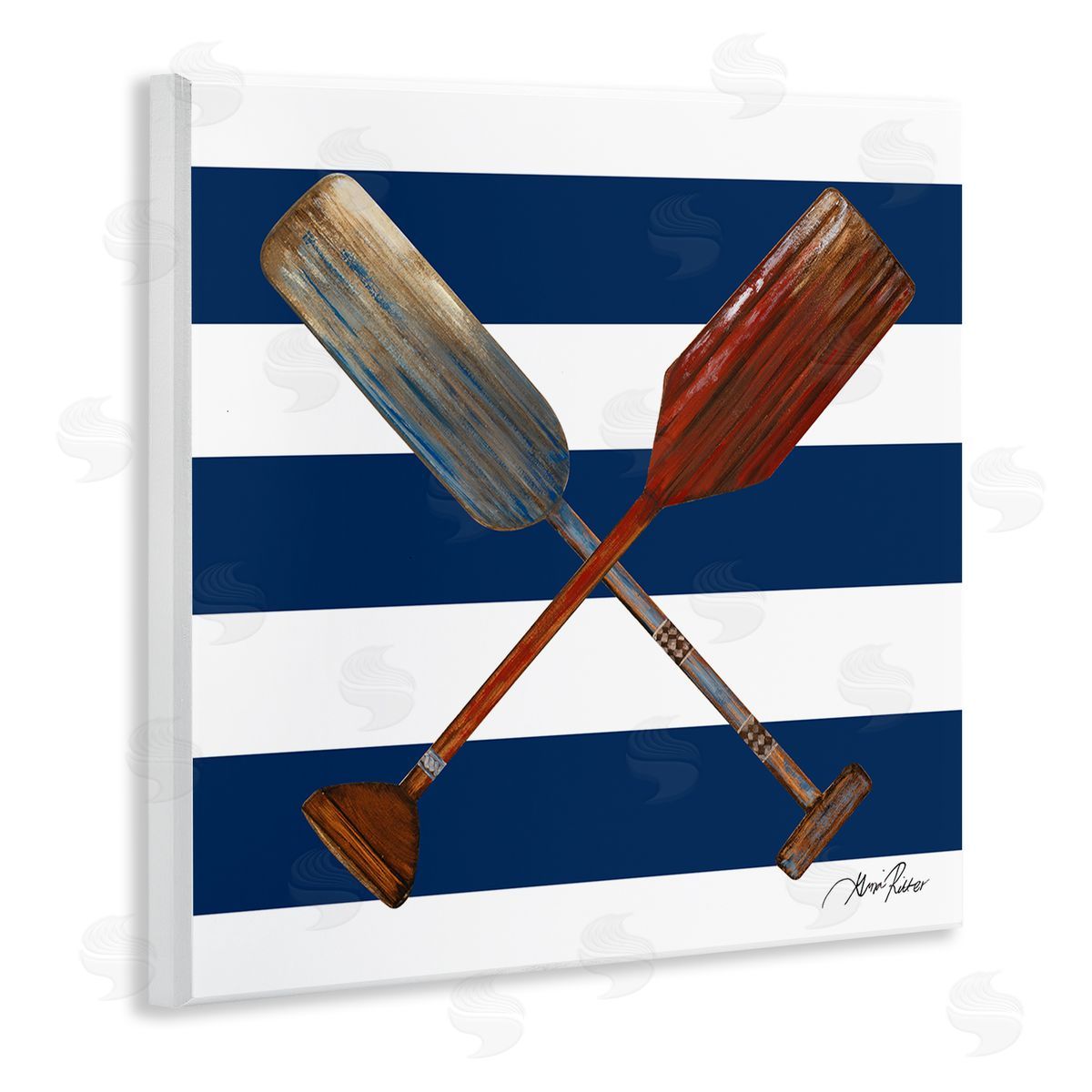 Gina Ritter Nautical Crossed Oars Wide Blue Band Striped Pattern Wooden Wall Plaque Art Print
