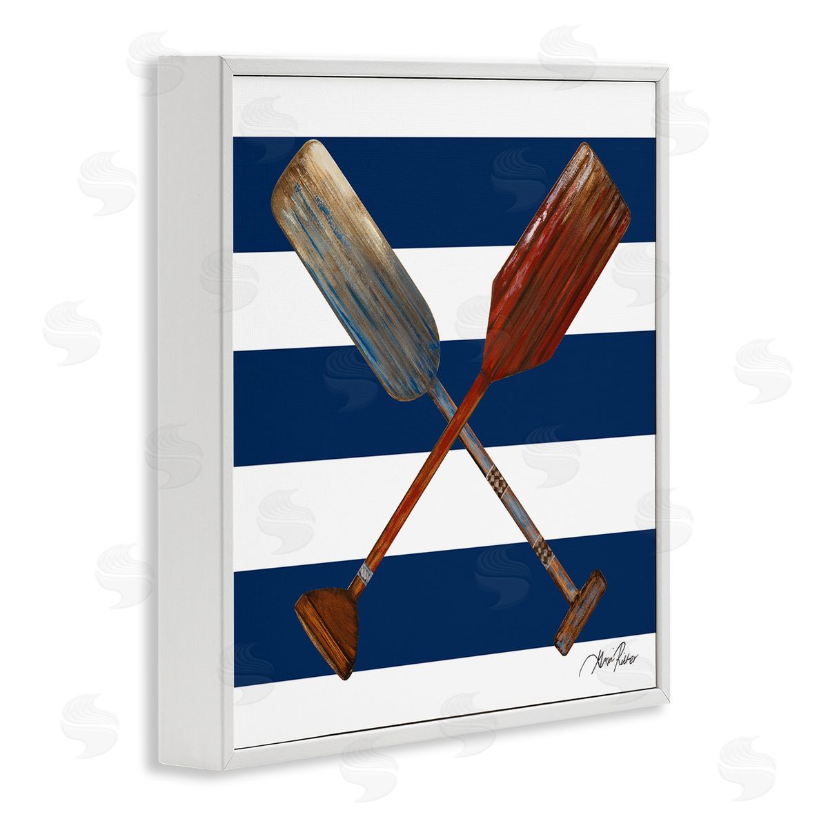Gina Ritter Nautical Crossed Oars Wide Blue Band Striped Pattern White Framed Glicee Wall Art Print