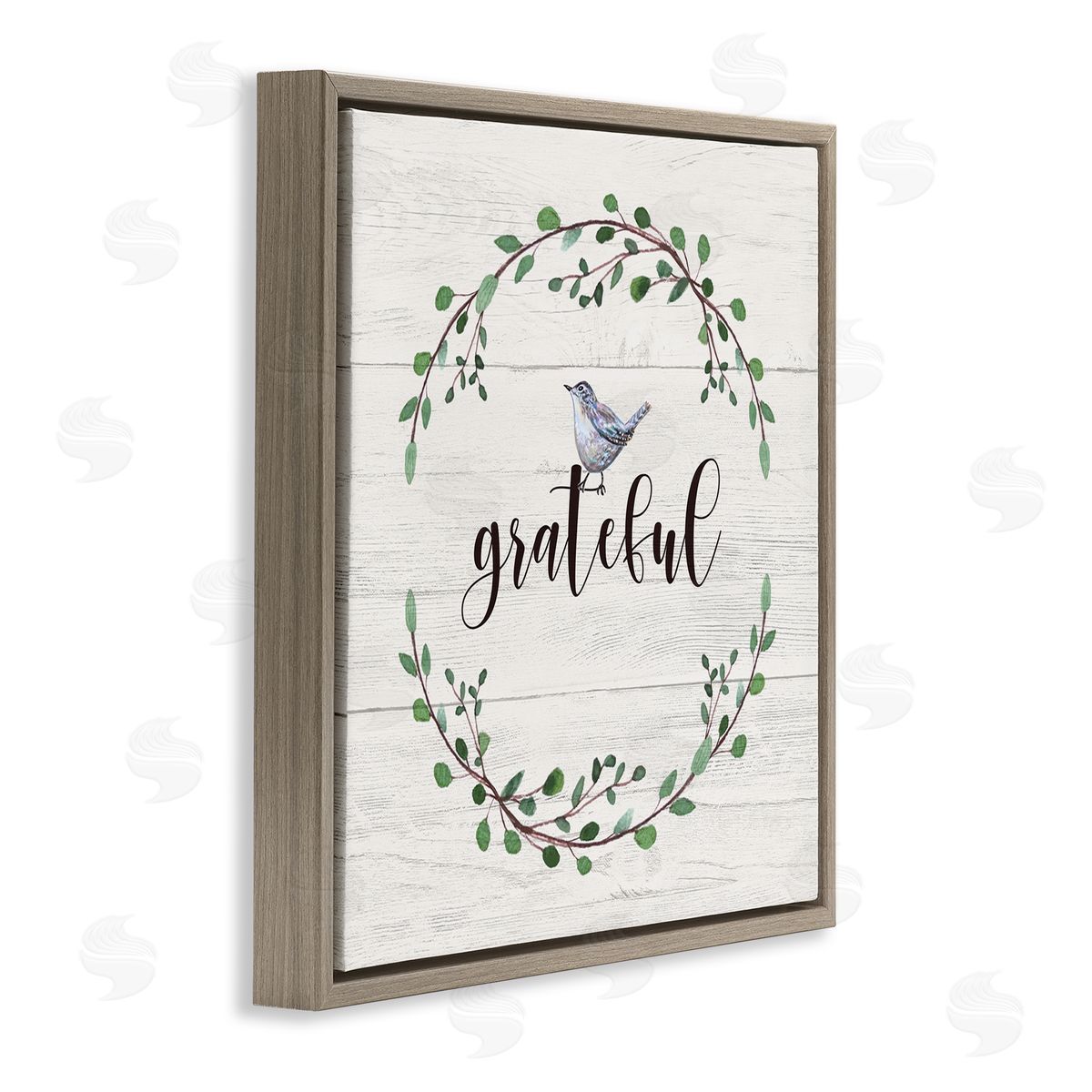 Elizabeth Tyndall Grateful Bird Crown Laurel Twigs Foliage Country Pattern Brown Floating Frame Canvas Wall Art Print