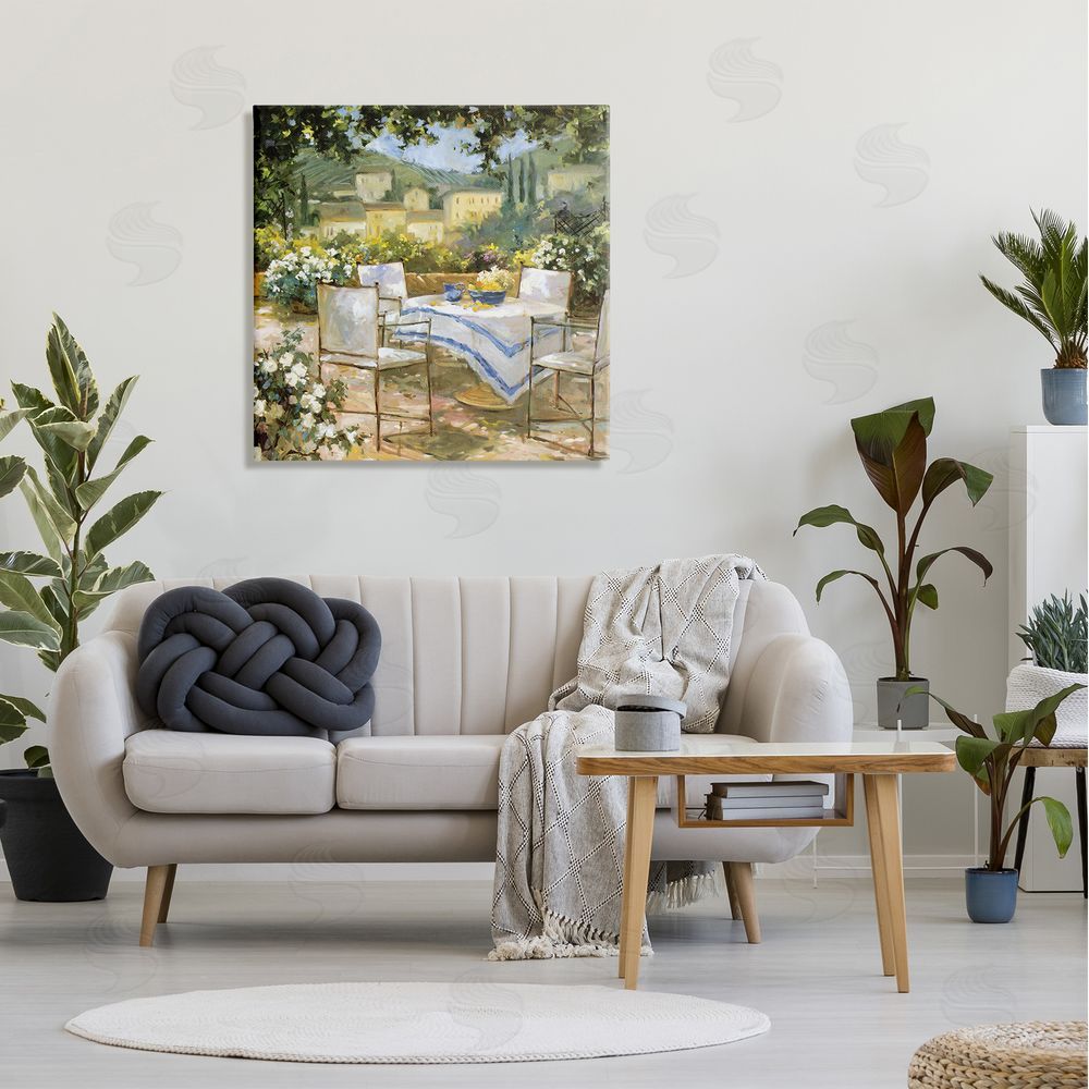 JG Studios Tuscan Terrace Vineyard French Picnic Courtyard Villa Scenery Canvas Wall Art in Room