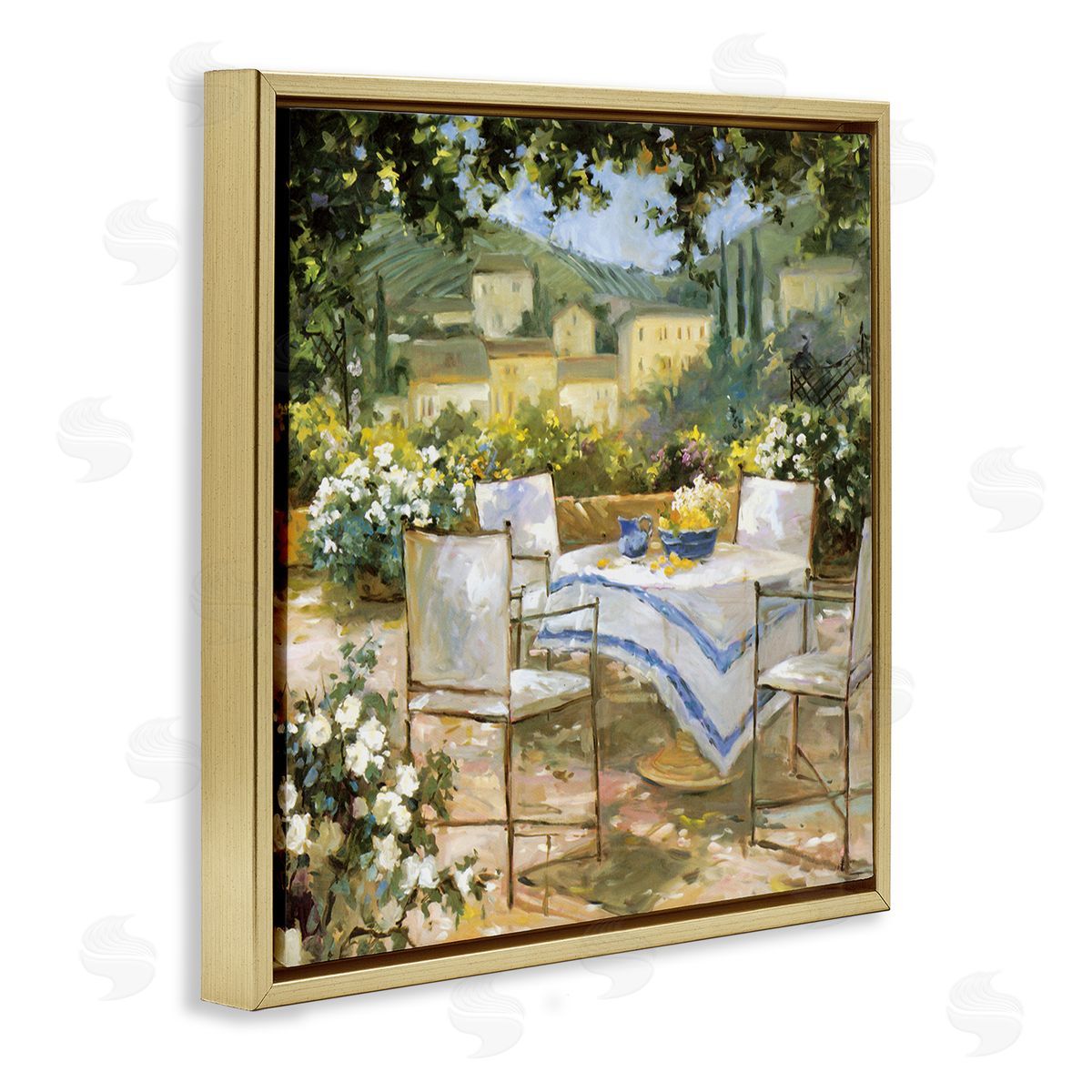 JG Studios Tuscan Terrace Vineyard French Picnic Courtyard Villa Scenery Gold Floating Frame Canvas Wall Art Print