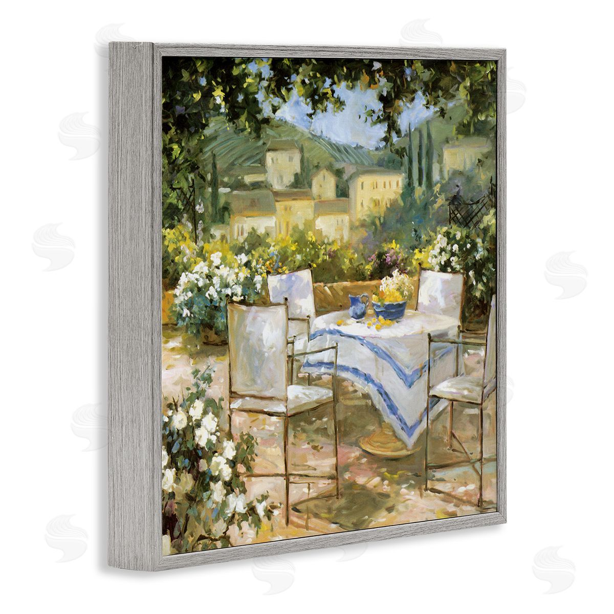 JG Studios Tuscan Terrace Vineyard French Picnic Courtyard Villa Scenery Gray Framed Glicee Wall Art Print