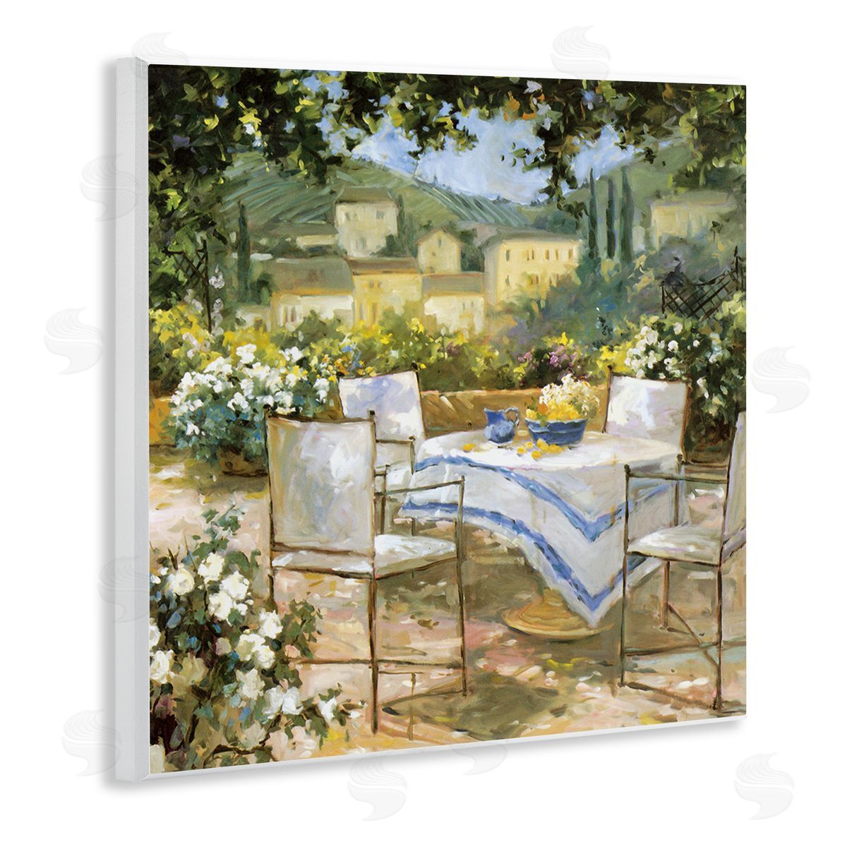JG Studios Tuscan Terrace Vineyard French Picnic Courtyard Villa Scenery Wooden Wall Plaque Art Print