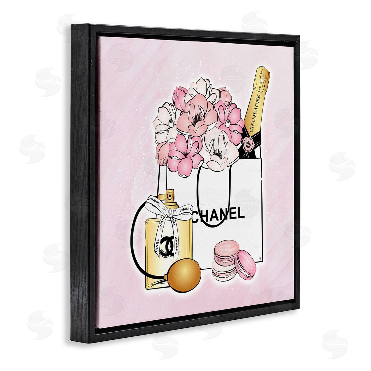 Martina Pavlova Golden Perfume Flowered Fashion Shopping Bag Confectionary Macaroons  Black Floating Frame Canvas Wall Art Print