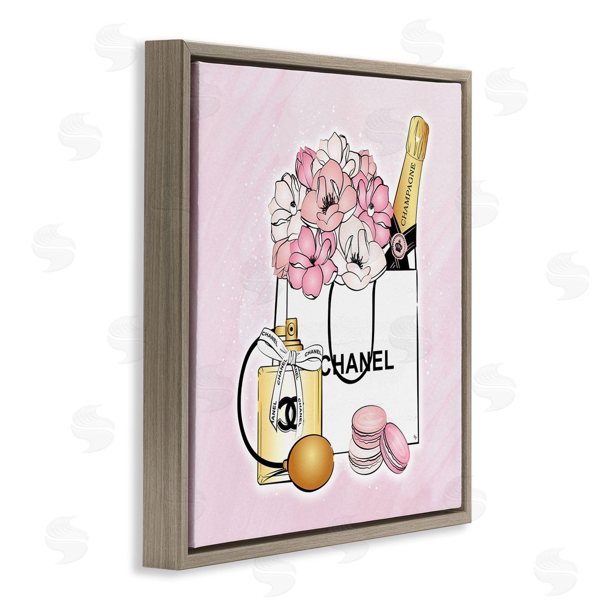 Martina Pavlova Golden Perfume Flowered Fashion Shopping Bag Confectionary Macaroons  Brown Floating Frame Canvas Wall Art Print