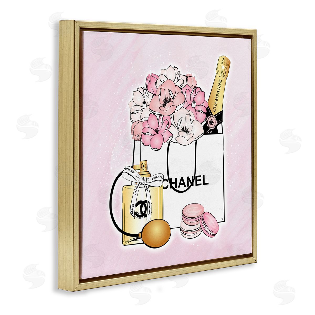 Martina Pavlova Golden Perfume Flowered Fashion Shopping Bag Confectionary Macaroons  Gold Floating Frame Canvas Wall Art Print