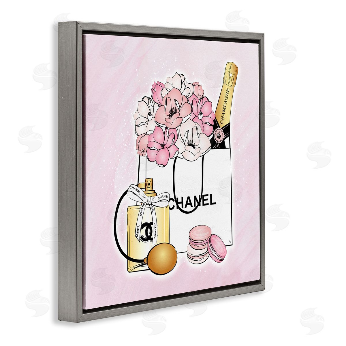 Martina Pavlova Golden Perfume Flowered Fashion Shopping Bag Confectionary Macaroons  Gray Floating Frame Canvas Wall Art Print