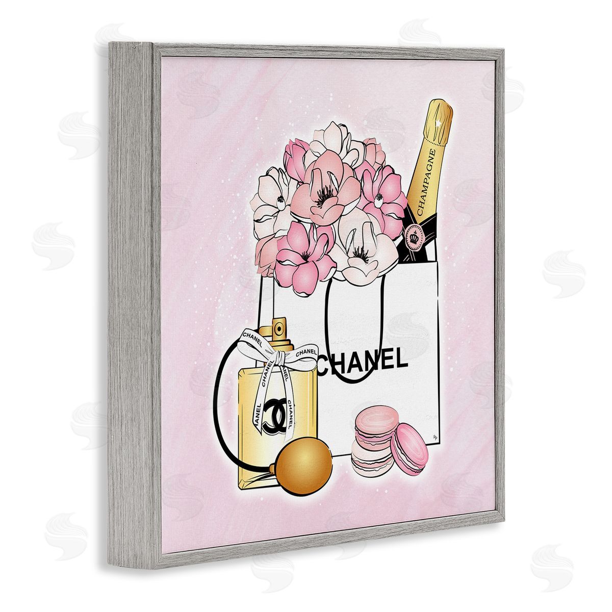 Martina Pavlova Golden Perfume Flowered Fashion Shopping Bag Confectionary Macaroons  Gray Framed Glicee Wall Art Print