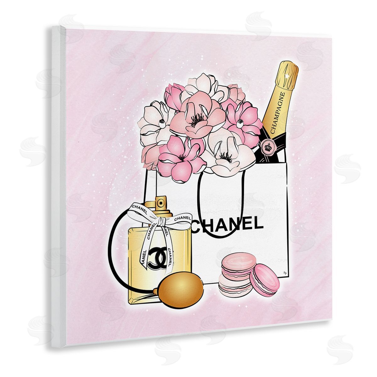 Martina Pavlova Golden Perfume Flowered Fashion Shopping Bag Confectionary Macaroons  Wooden Wall Plaque Art Print