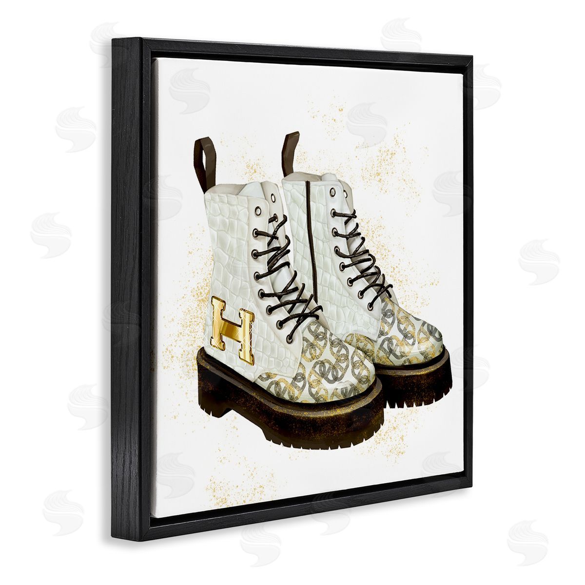 Ziwei Li Glam Clothing Gold Letter Symbol Spiral Silver Pattern Black Floating Frame Canvas Wall Art Print