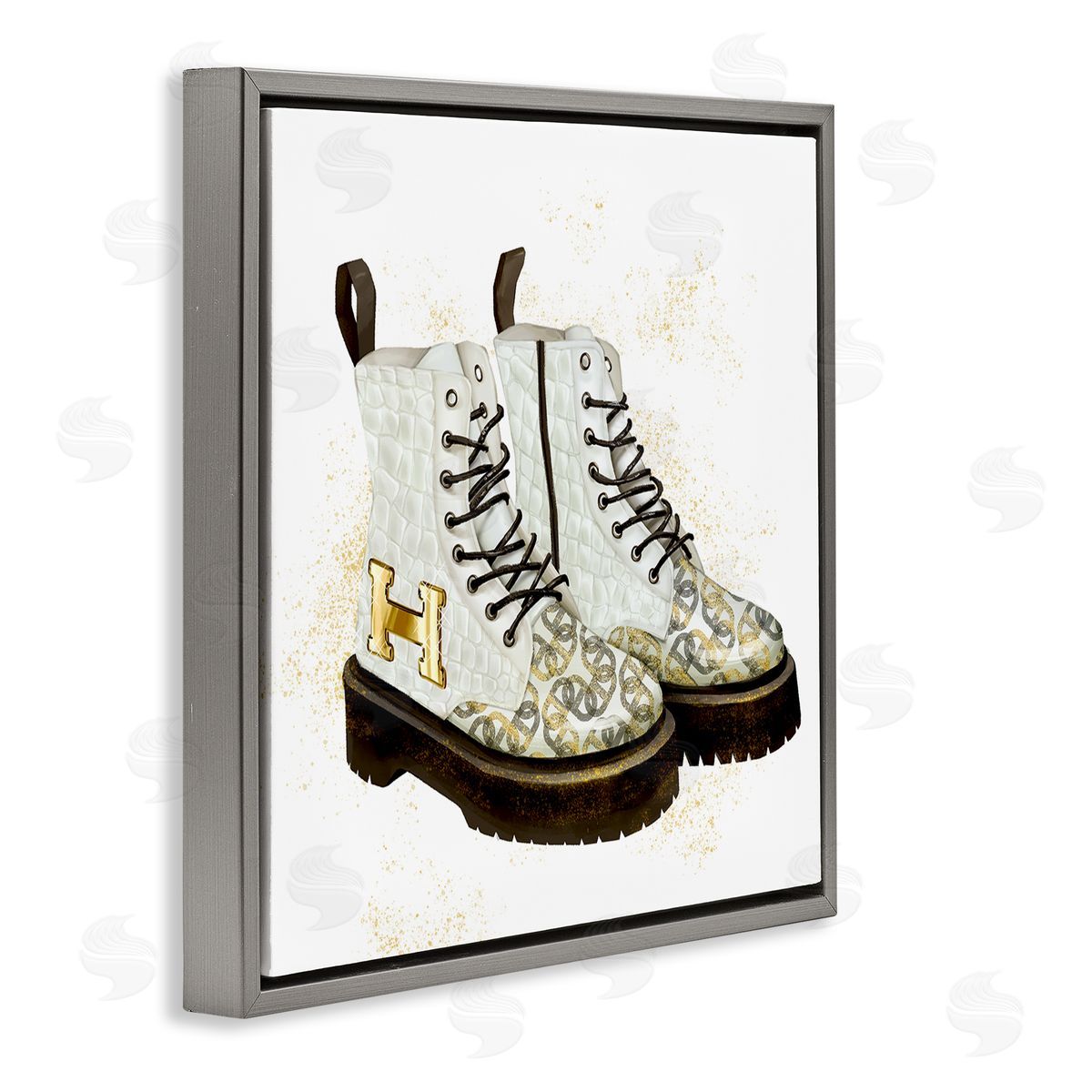 Ziwei Li Glam Clothing Gold Letter Symbol Spiral Silver Pattern Gray Floating Frame Canvas Wall Art Print