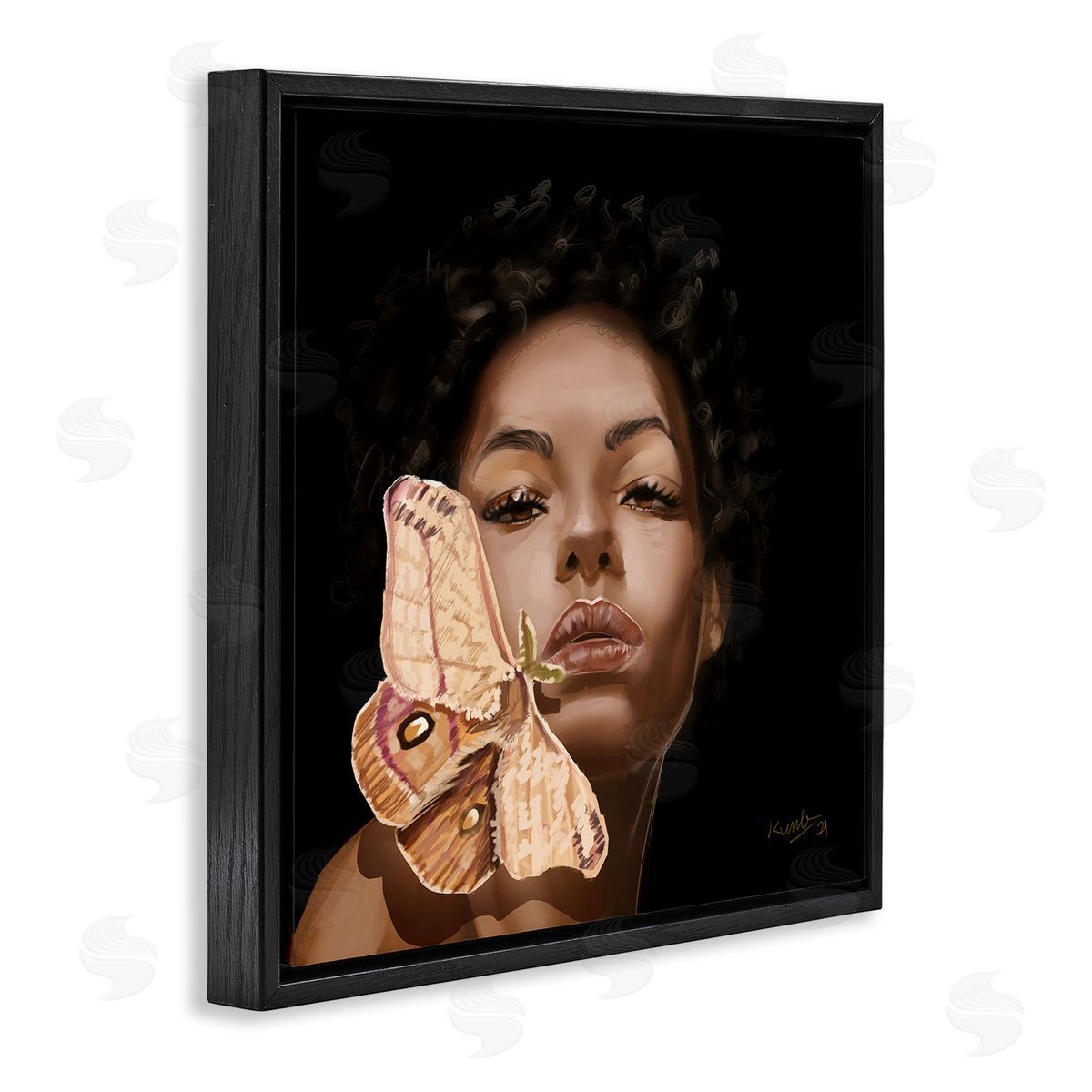 Adekunle Adeleke Surreal African Female Portrait Butterfly Insect Wood Nymph Black Floating Frame Canvas Wall Art Print
