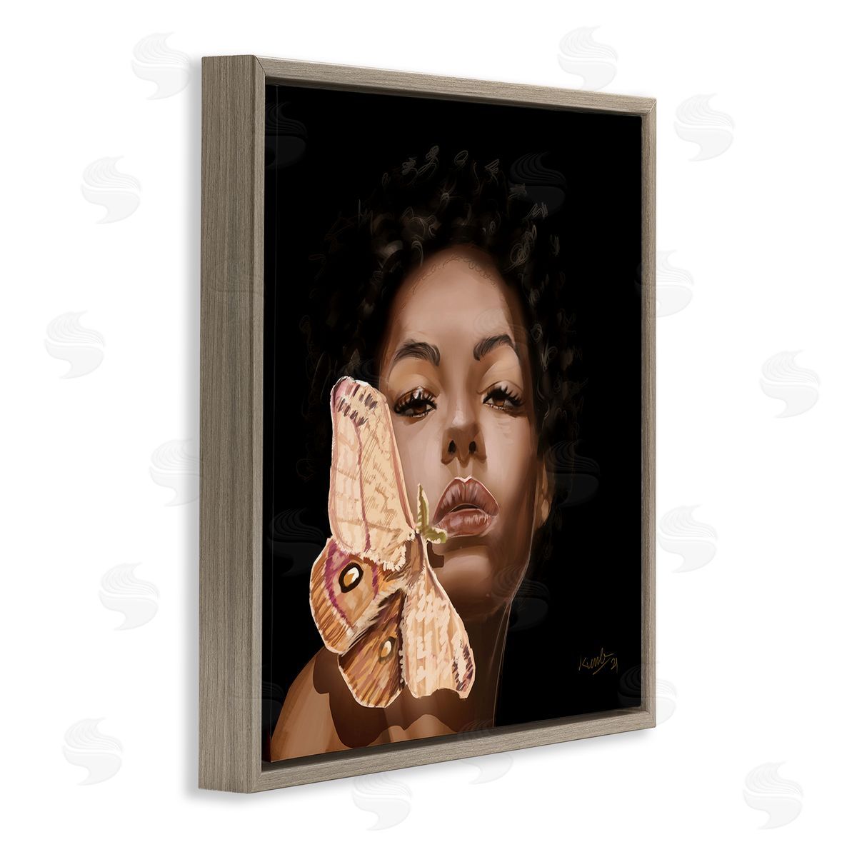Adekunle Adeleke Surreal African Female Portrait Butterfly Insect Wood Nymph Brown Floating Frame Canvas Wall Art Print