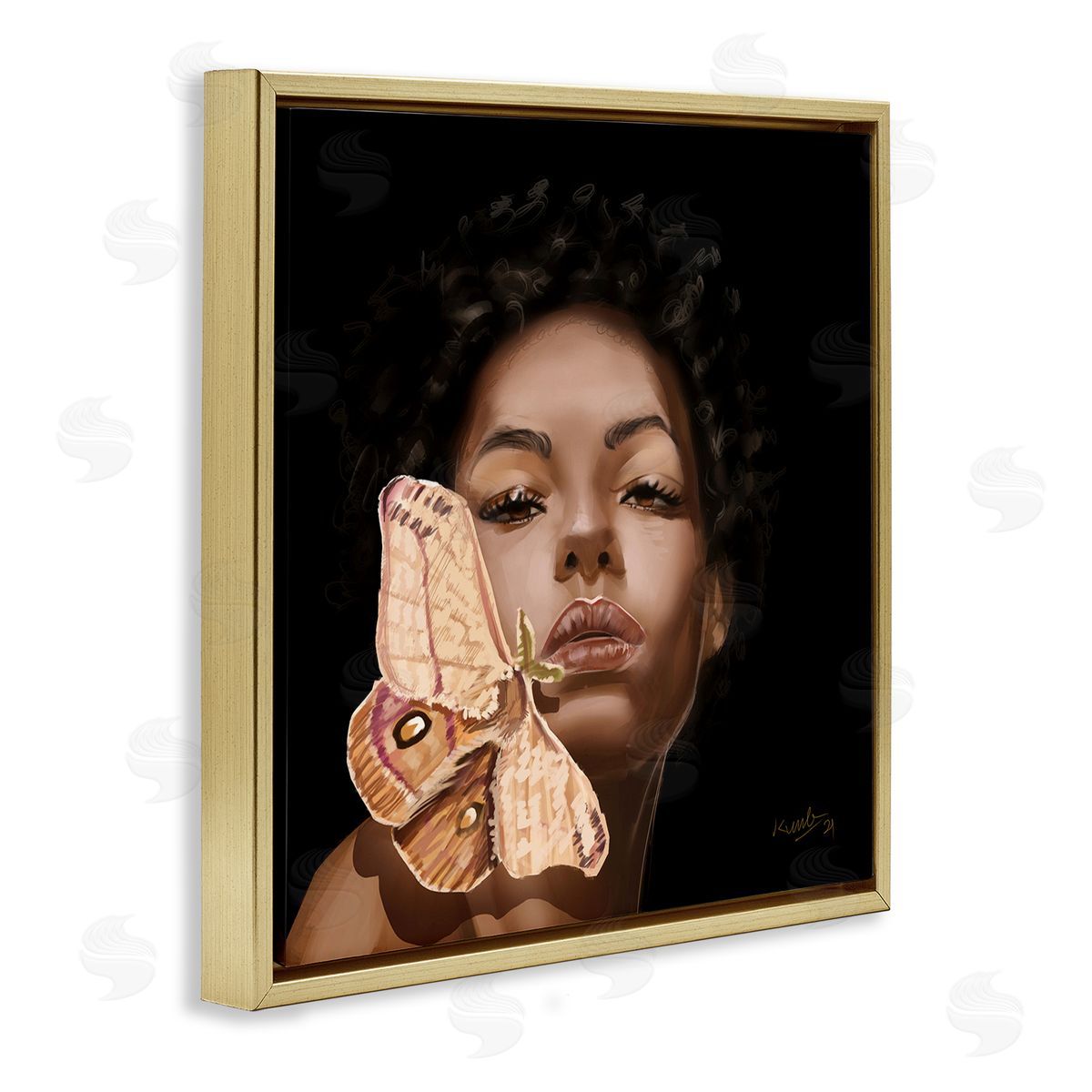 Adekunle Adeleke Surreal African Female Portrait Butterfly Insect Wood Nymph Gold Floating Frame Canvas Wall Art Print