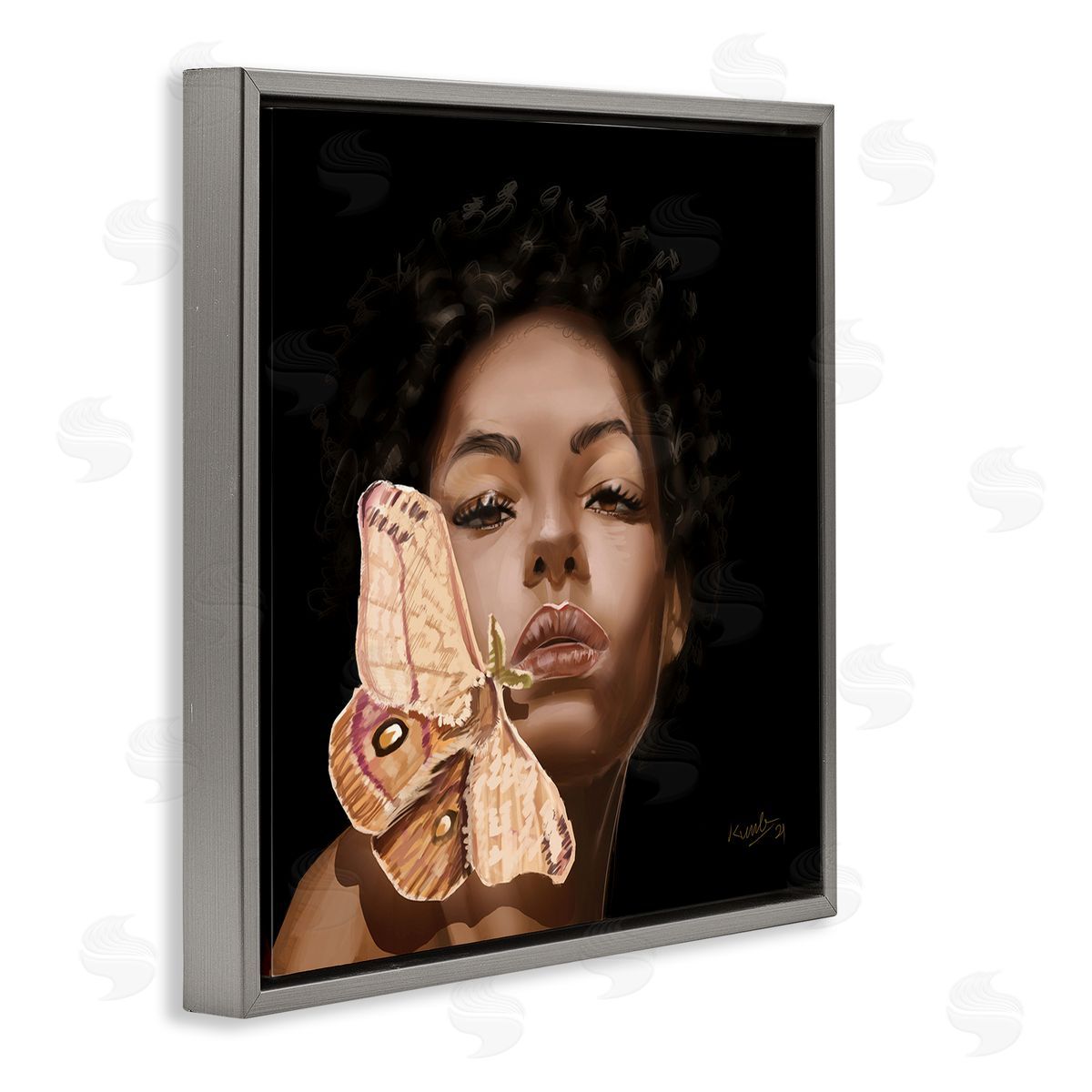 Adekunle Adeleke Surreal African Female Portrait Butterfly Insect Wood Nymph Gray Floating Frame Canvas Wall Art Print