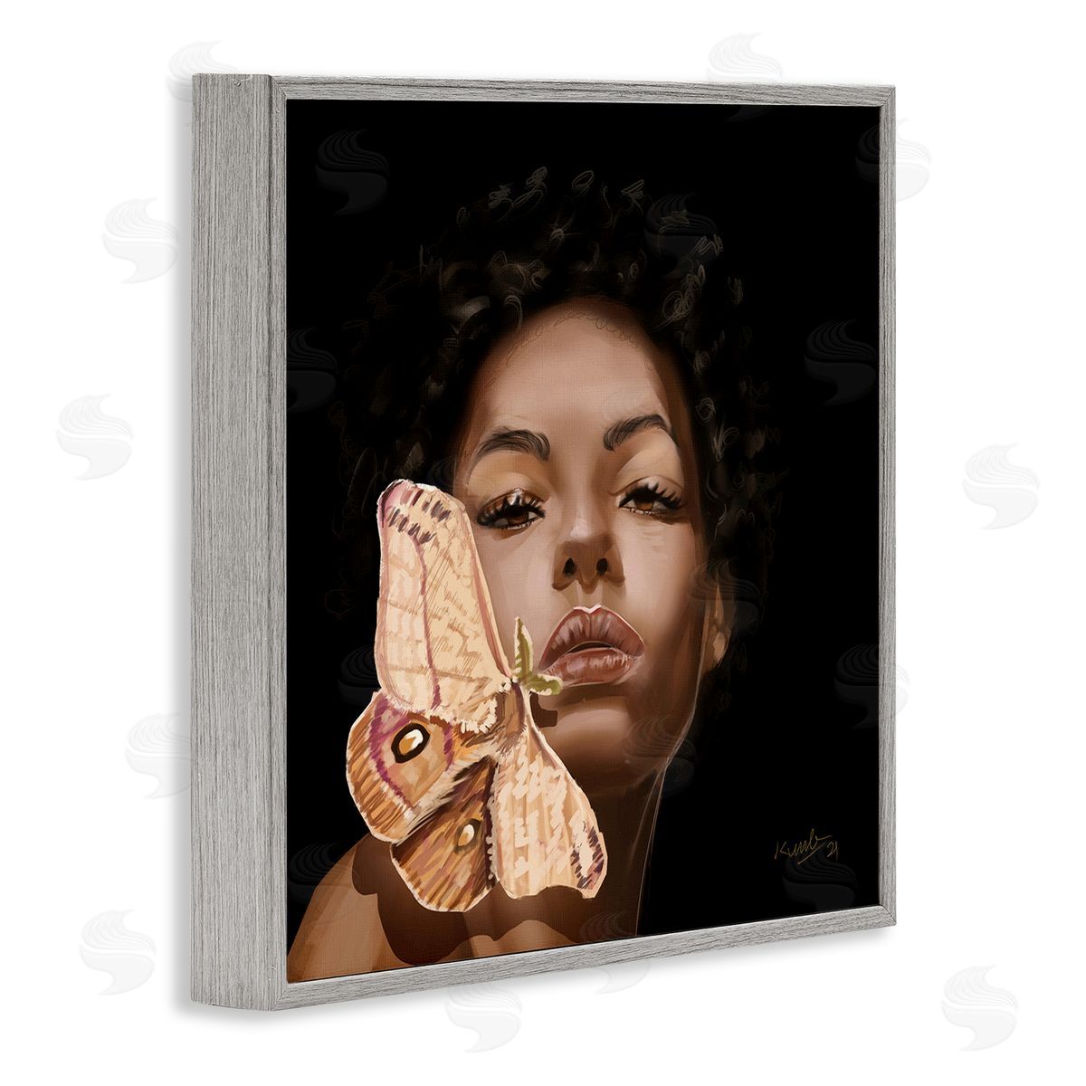 Adekunle Adeleke Surreal African Female Portrait Butterfly Insect Wood Nymph Gray Framed Glicee Wall Art Print