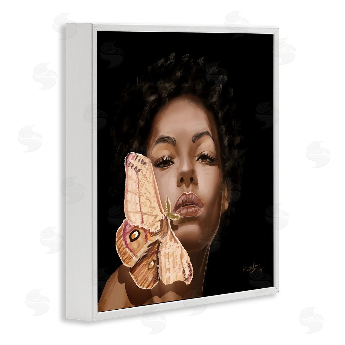 Adekunle Adeleke Surreal African Female Portrait Butterfly Insect Wood Nymph White Framed Glicee Wall Art Print