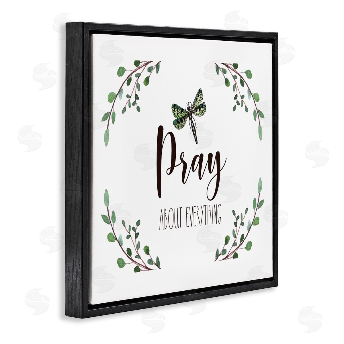 Elizabeth Tyndall Pray About Everything Dragonfly Insect Laurel Branch Crown Black Floating Frame Canvas Wall Art Print