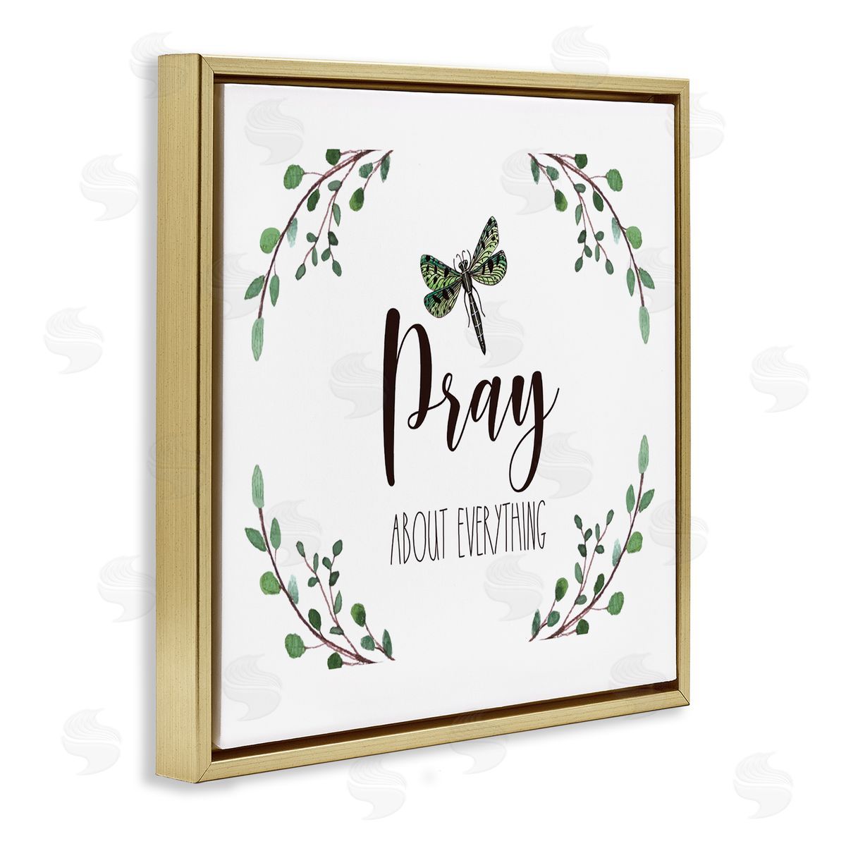 Elizabeth Tyndall Pray About Everything Dragonfly Insect Laurel Branch Crown Gold Floating Frame Canvas Wall Art Print