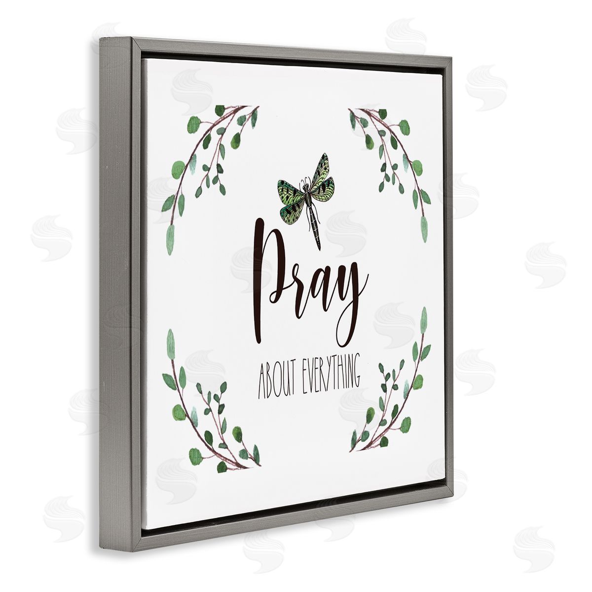 Elizabeth Tyndall Pray About Everything Dragonfly Insect Laurel Branch Crown Gray Floating Frame Canvas Wall Art Print