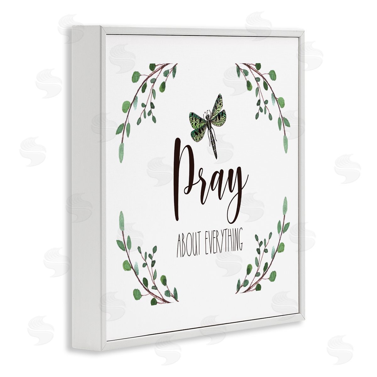 Elizabeth Tyndall Pray About Everything Dragonfly Insect Laurel Branch Crown White Framed Glicee Wall Art Print