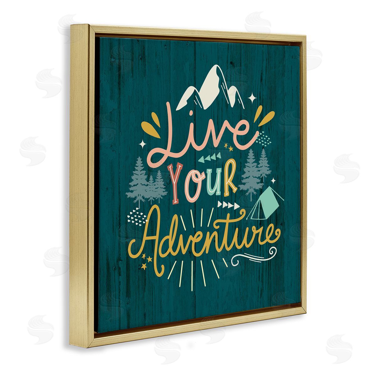 Louise Allen Designs Live Your Adventure Ornamented Outdoor Nature Rustic Background Gold Floating Frame Canvas Wall Art Print