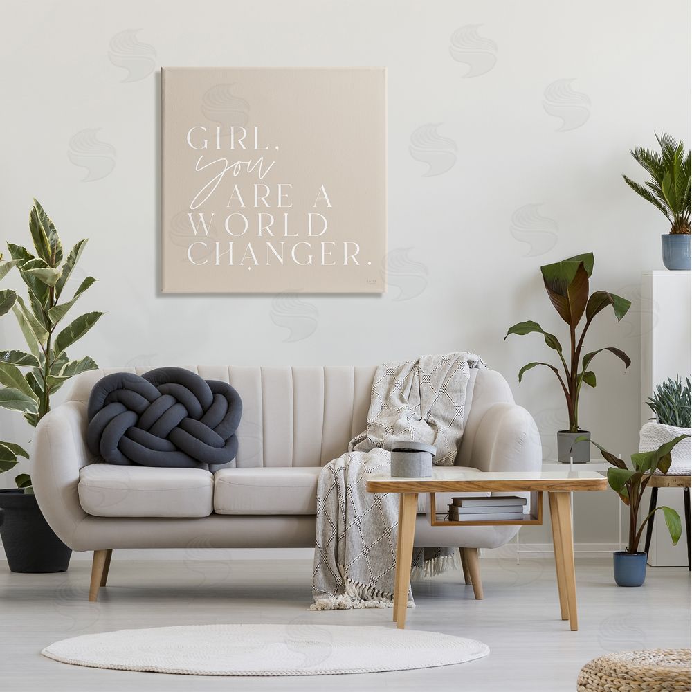 Lux + Me Designs Girl You Are A World Changer Neutral Simplistic Background  Canvas Wall Art in Room