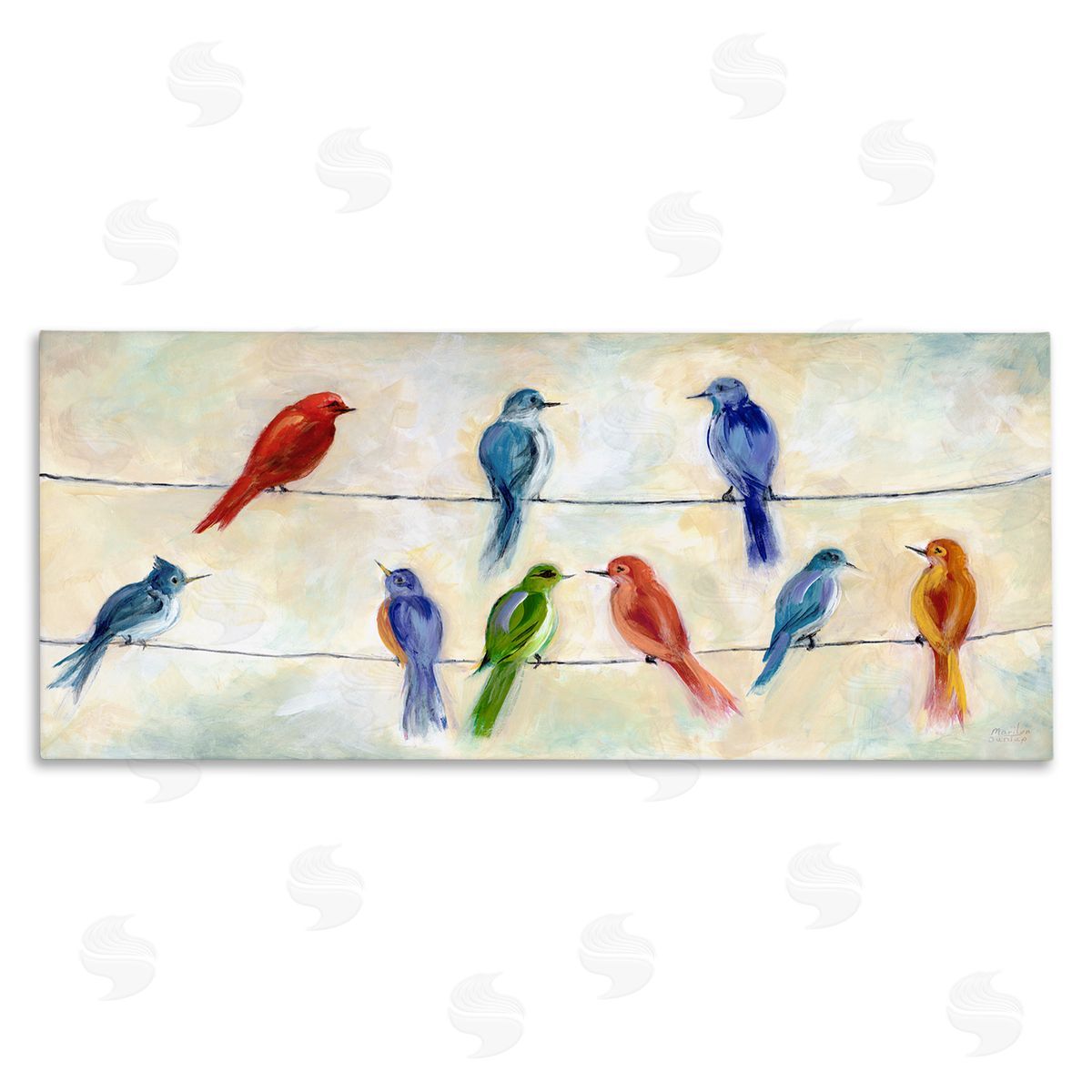 Marilyn Dunlap Rainbow Canary Birds Sitting Wire Cloudy Day Painting