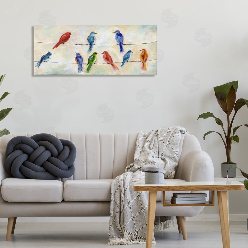 Marilyn Dunlap Rainbow Canary Birds Sitting Wire Cloudy Day Painting