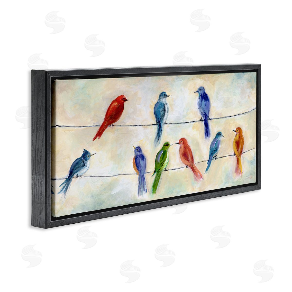 Marilyn Dunlap Rainbow Canary Birds Sitting Wire Cloudy Day Painting
