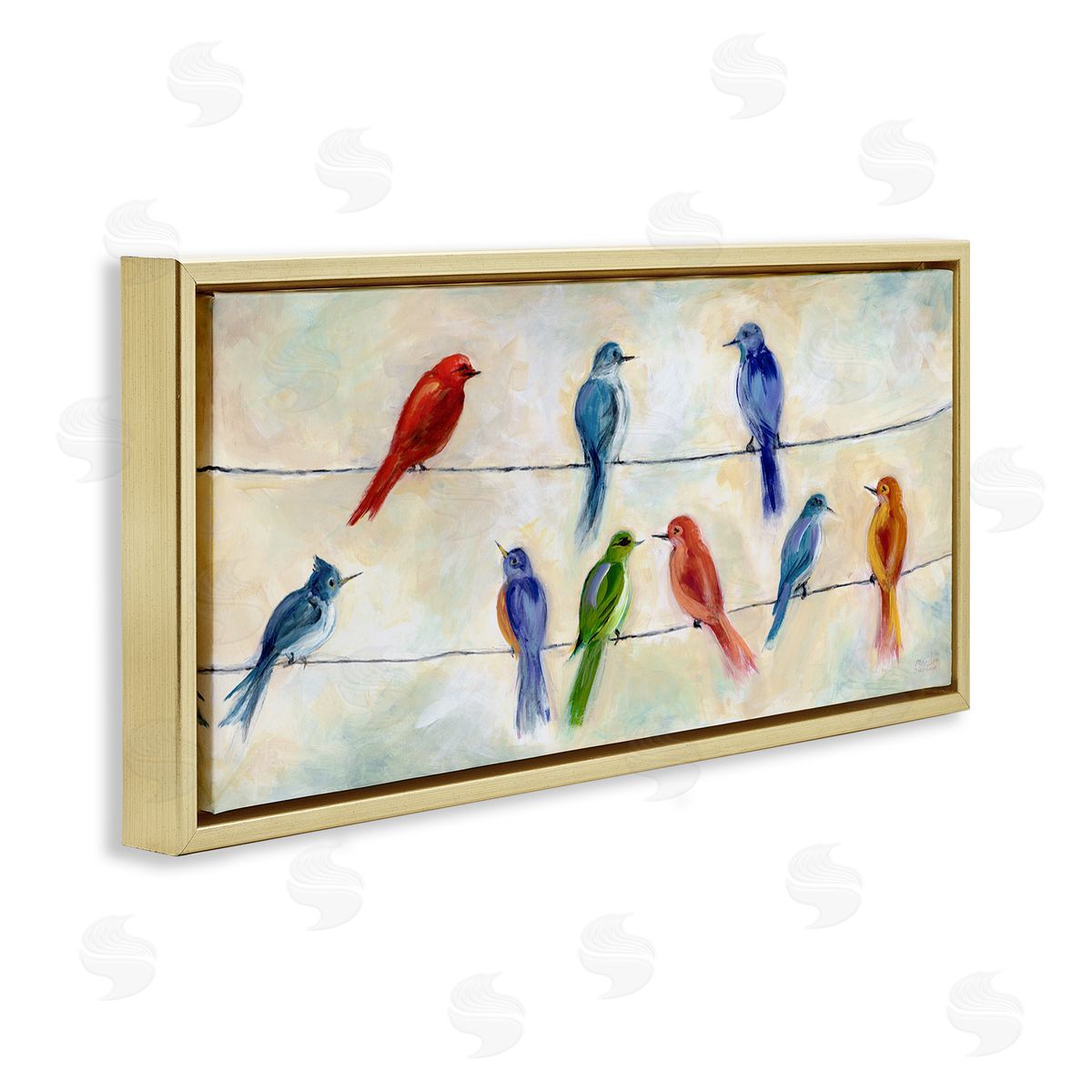 Marilyn Dunlap Rainbow Canary Birds Sitting Wire Cloudy Day Painting