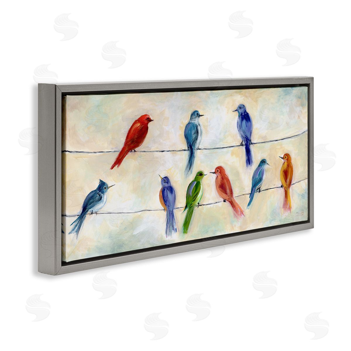 Marilyn Dunlap Rainbow Canary Birds Sitting Wire Cloudy Day Painting