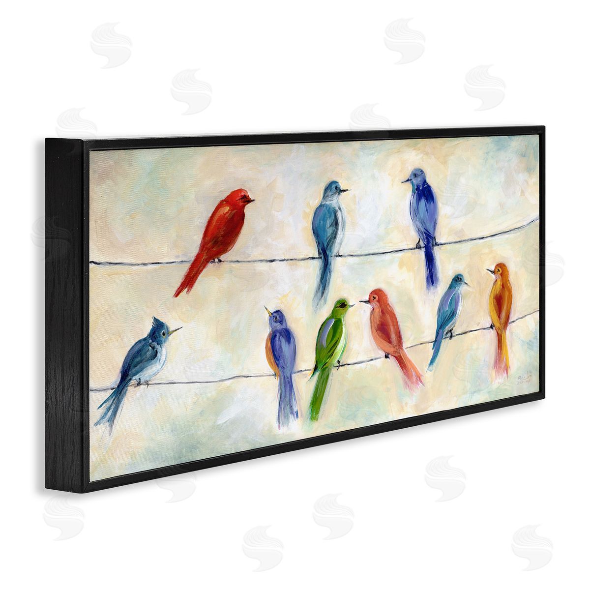 Marilyn Dunlap Rainbow Canary Birds Sitting Wire Cloudy Day Painting