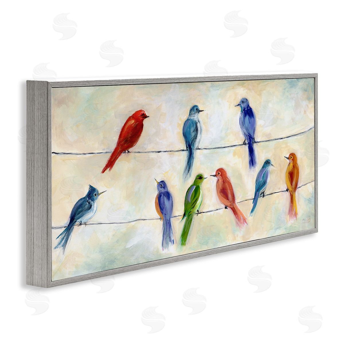 Marilyn Dunlap Rainbow Canary Birds Sitting Wire Cloudy Day Painting