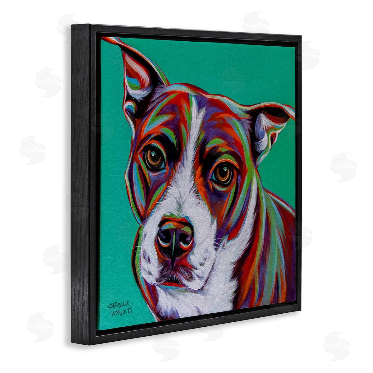 Carolee Vitaletti Cute Dog Looking Portrait Bold Green Pop Style Background  Black Floating Frame Canvas Wall Art Print