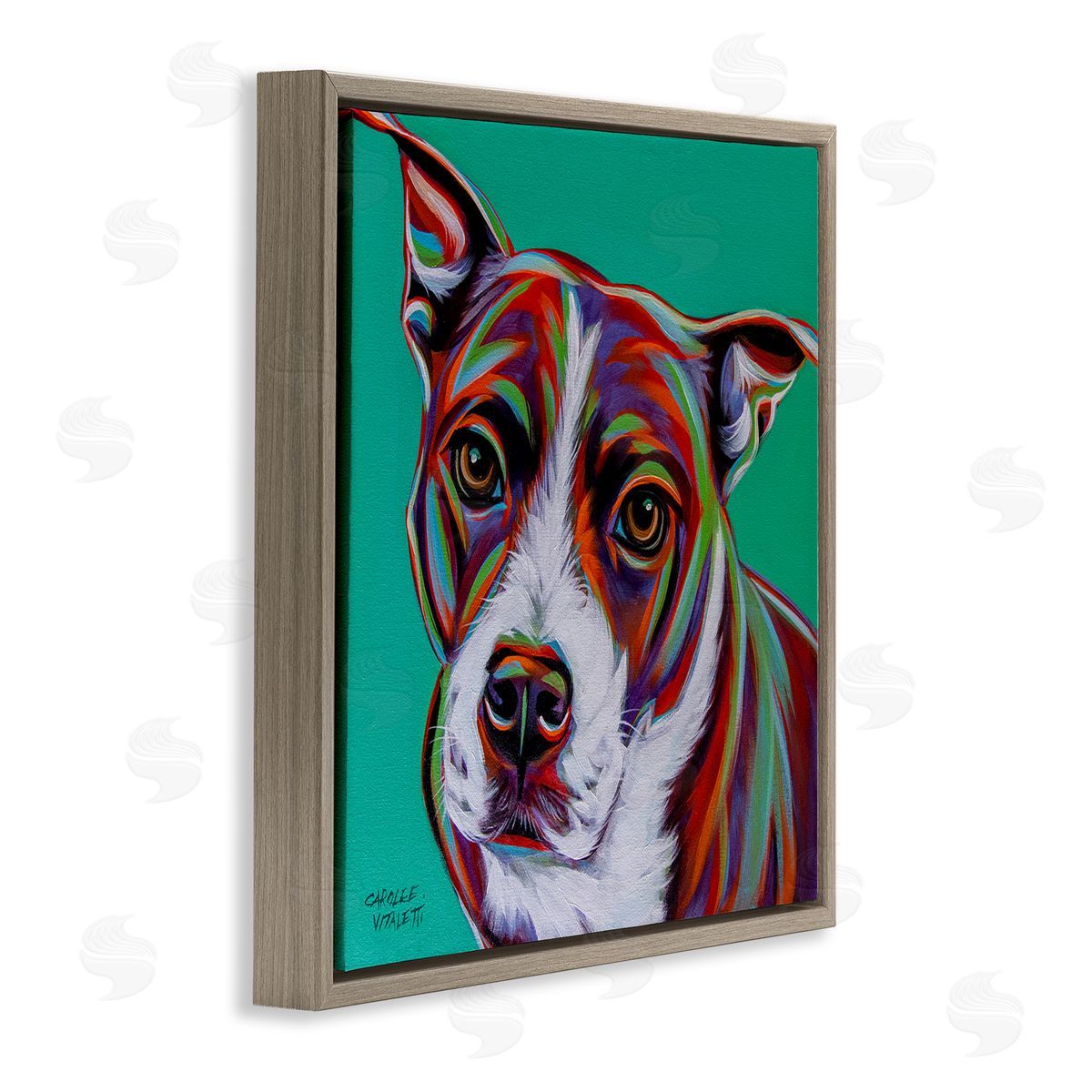 Carolee Vitaletti Cute Dog Looking Portrait Bold Green Pop Style Background  Brown Floating Frame Canvas Wall Art Print