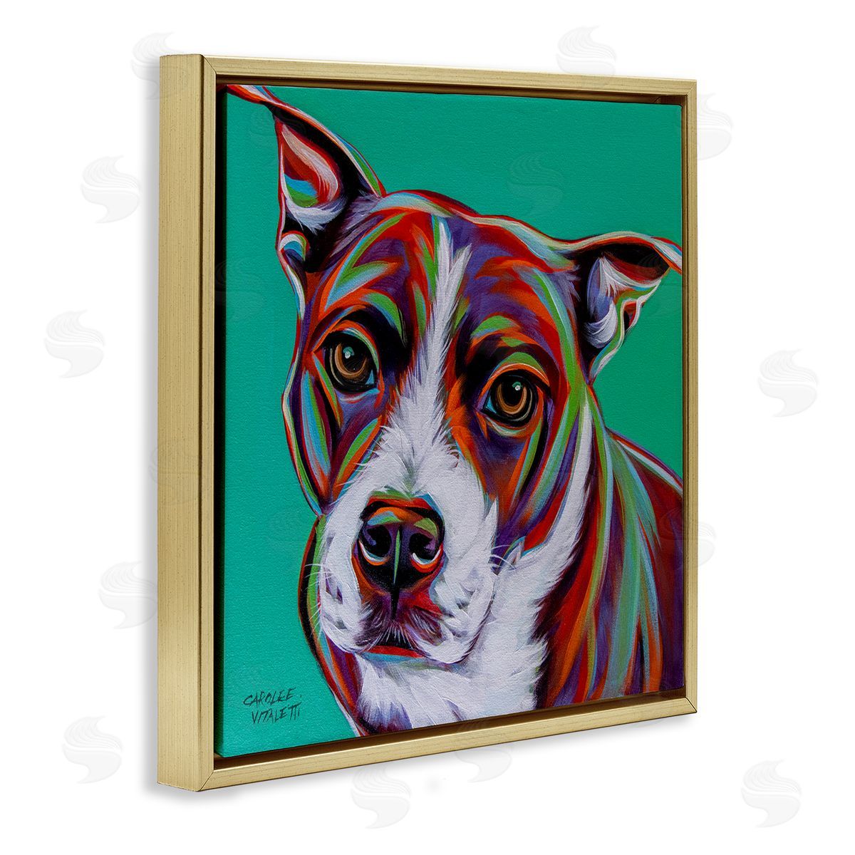 Carolee Vitaletti Cute Dog Looking Portrait Bold Green Pop Style Background  Gold Floating Frame Canvas Wall Art Print